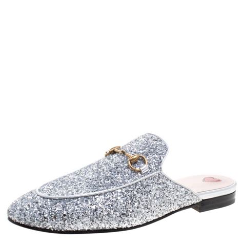 gucci silver glitter leather princetown flat slide|Gucci leather slippers.